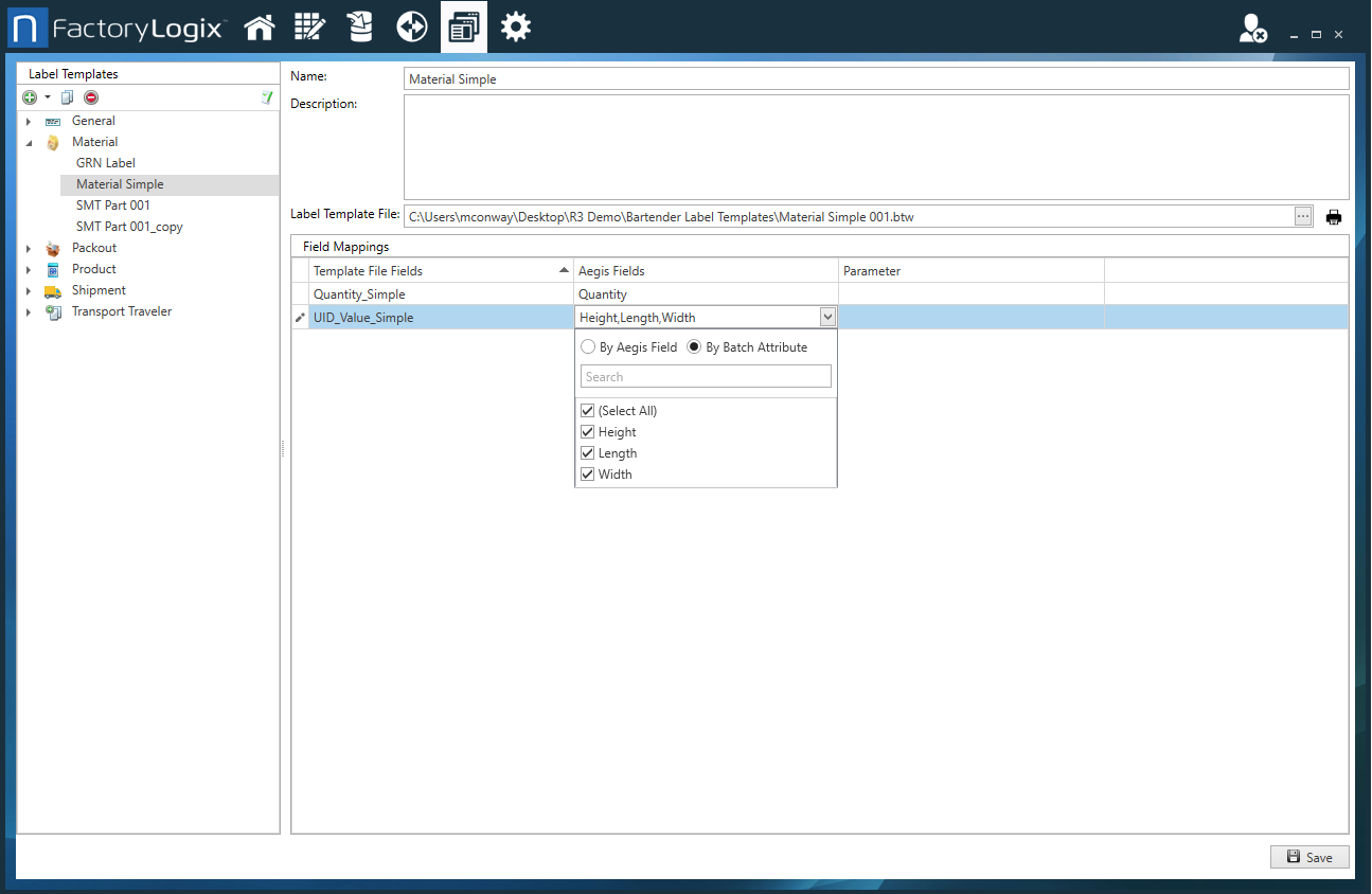 Label Templates window with batch attributes selected for a material label