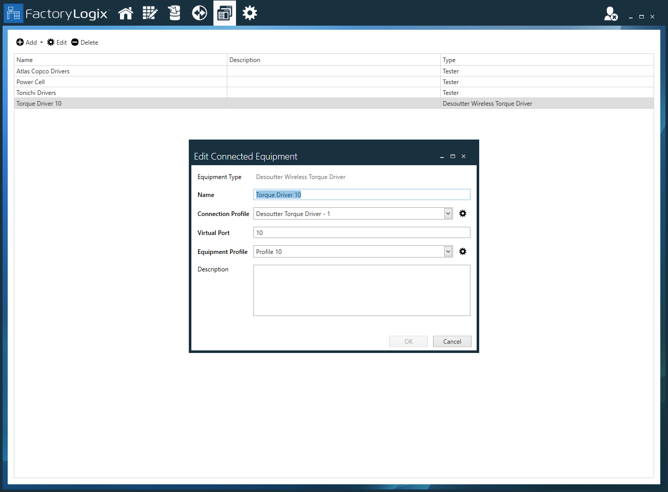 Connected Equipment window