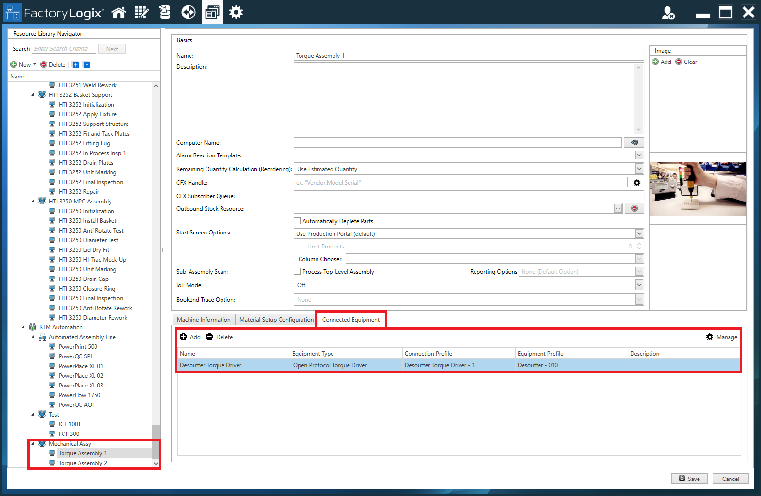 Connected Equipment tab - Factory Resources