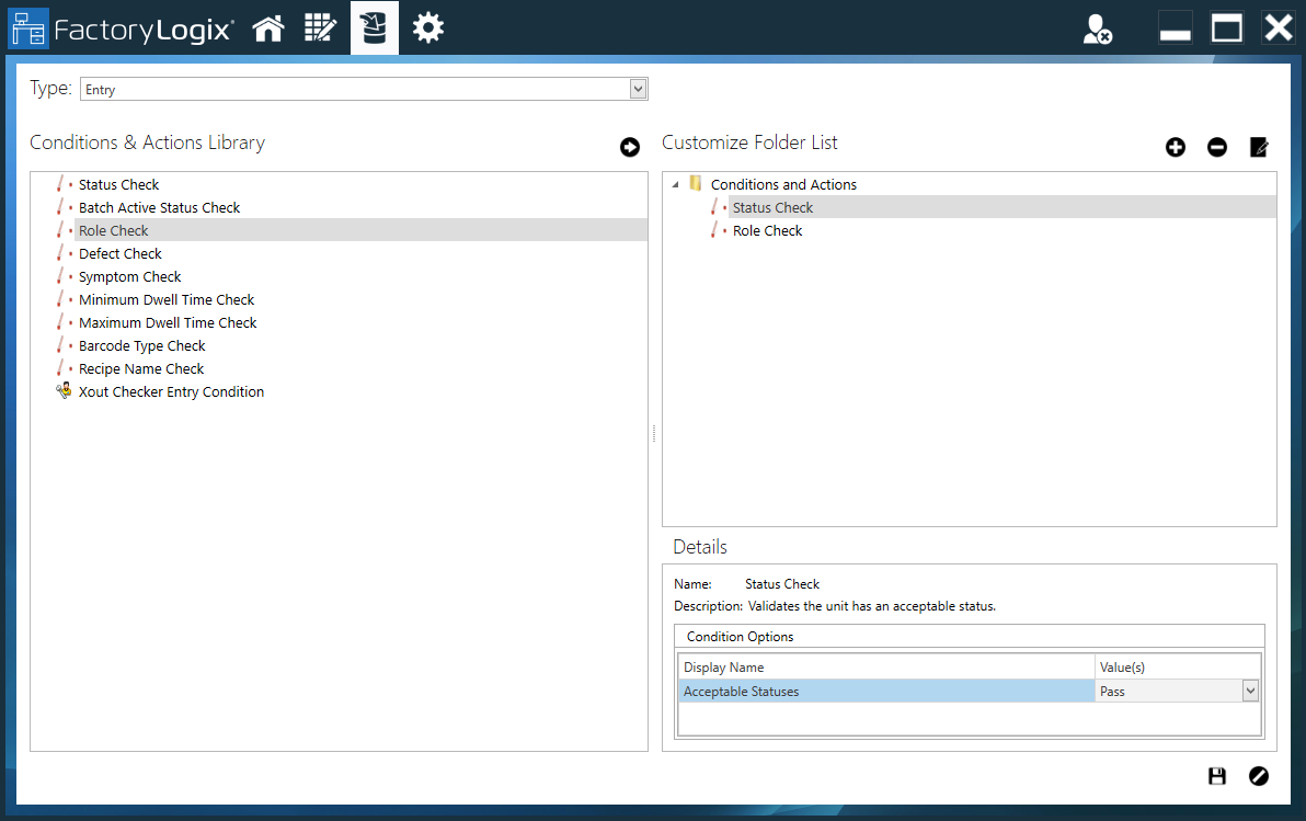 Conditions and Actions window