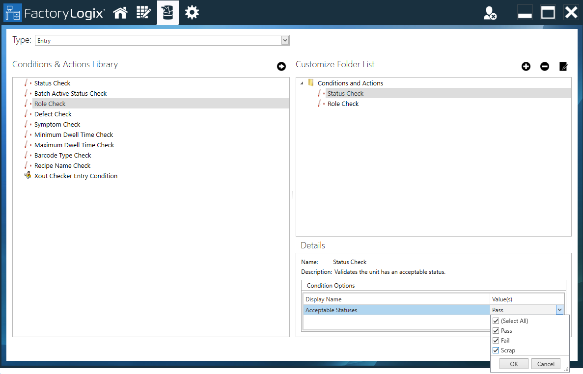 Select options for a condition or action in the lower-right corner of the window