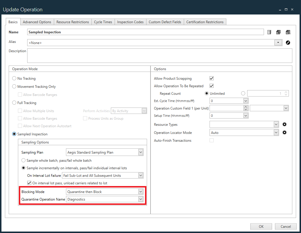 Block and or Quarantine sampled inspection options