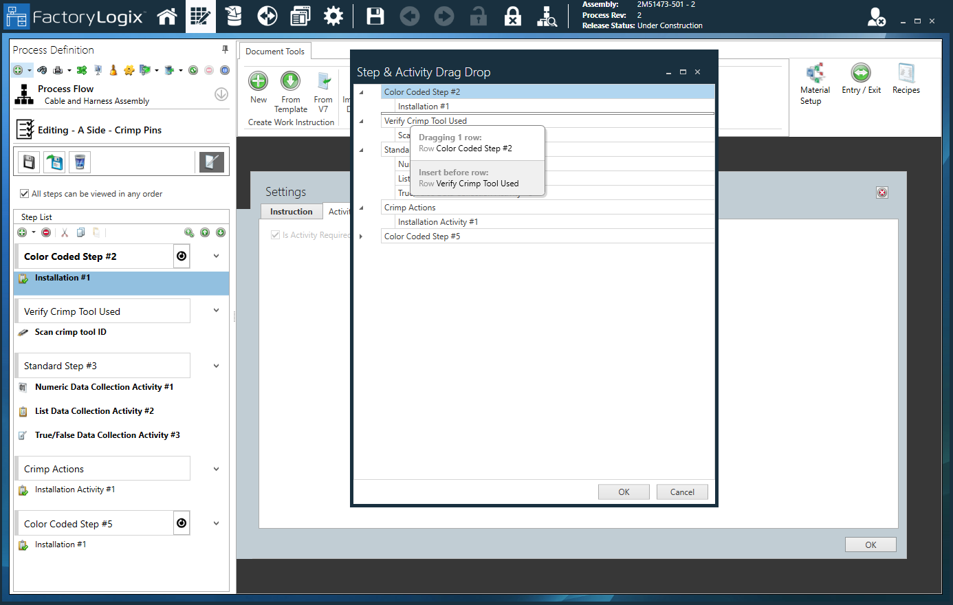 Drag and drop to reorder steps and activities