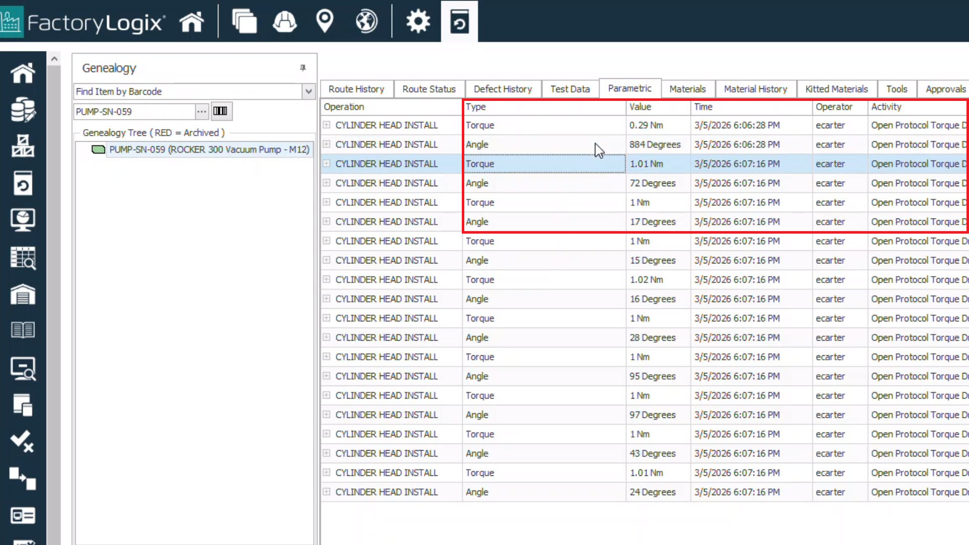 Connected equipment data in the Trace window