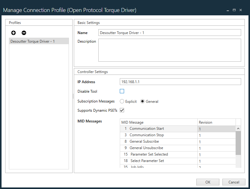 Manage Connection Profile dialog
