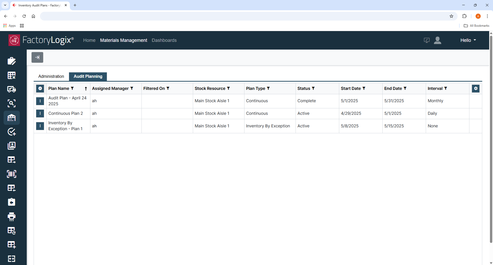 Audit Planning and Administration tabs