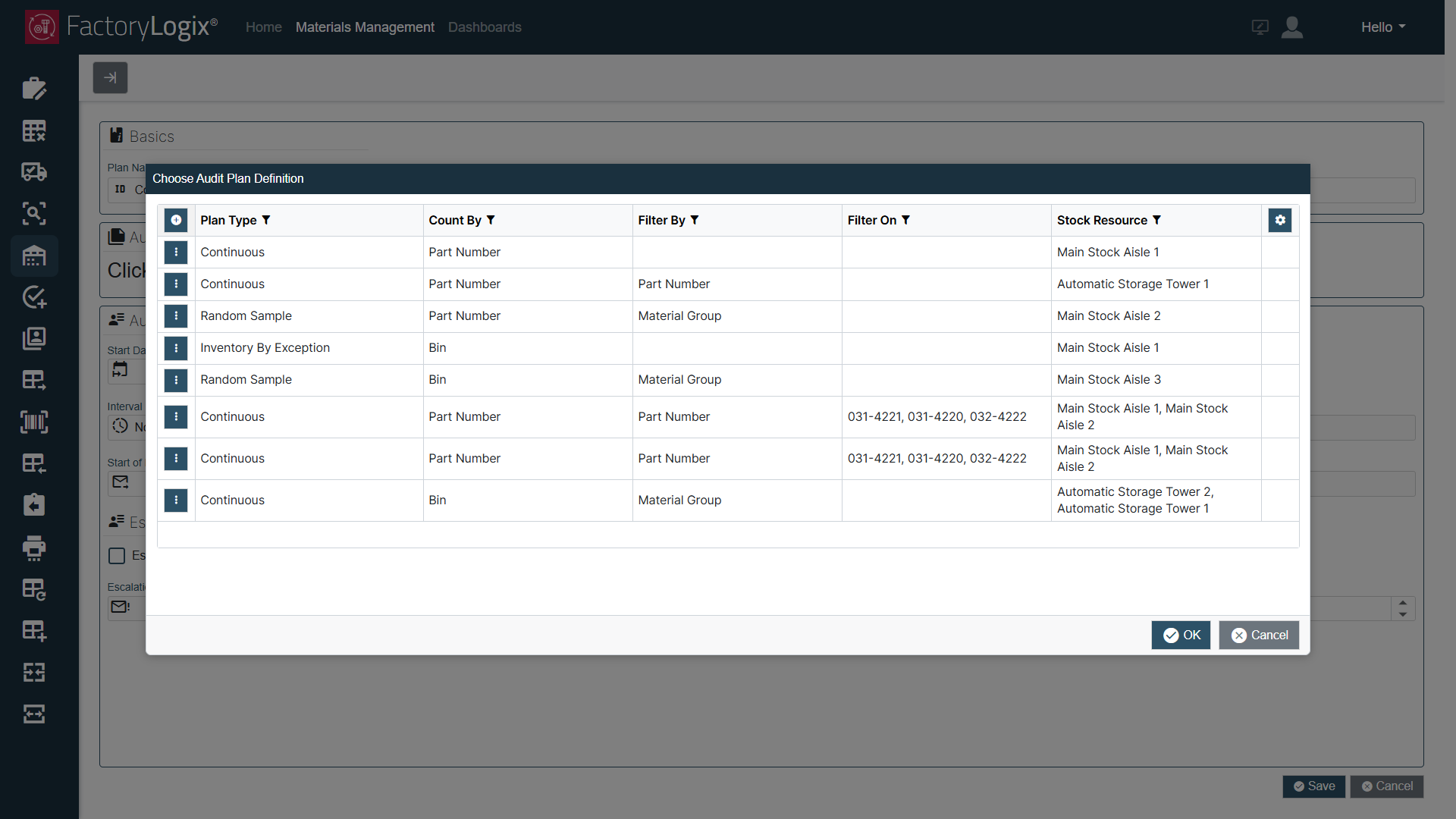 Choose Audit Plan Definition dialog - new audit plan