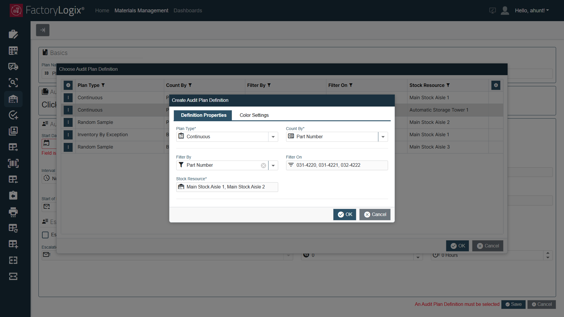 Definition Properties tab - Create Audit Plan Definition dialog
