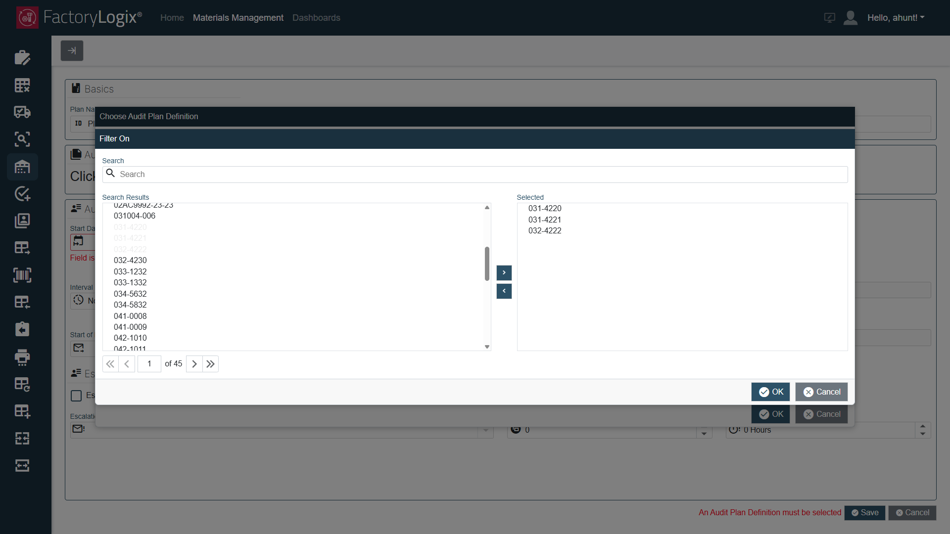 Filter On dialog to select part numbers or bin numbers for the audit plan
