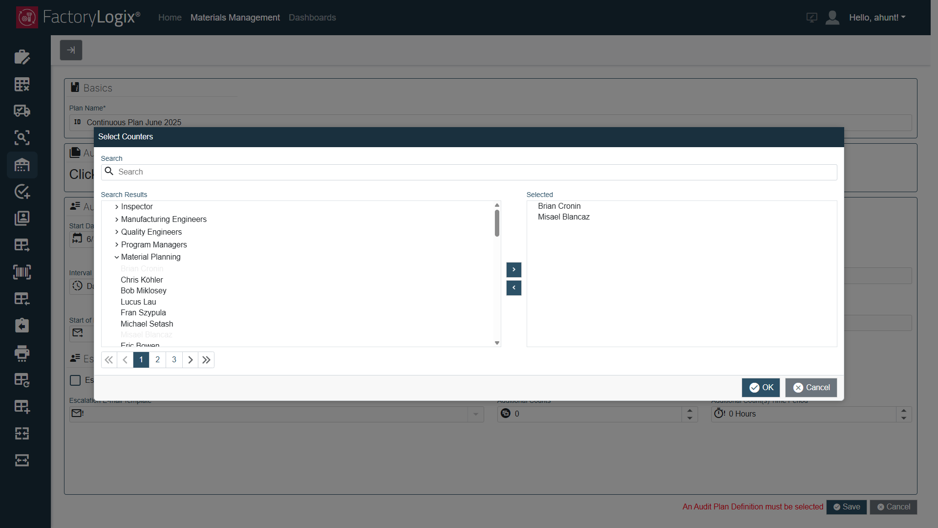 Select one or more counters for the plan