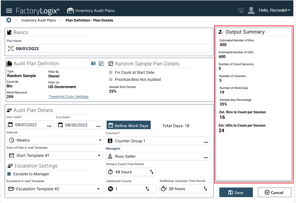 Output Summary view example