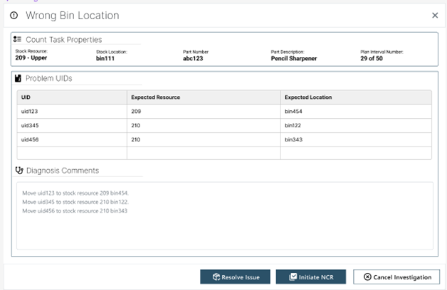 Count Discrepancy screen - Reason 3 - Wrong Bin Location