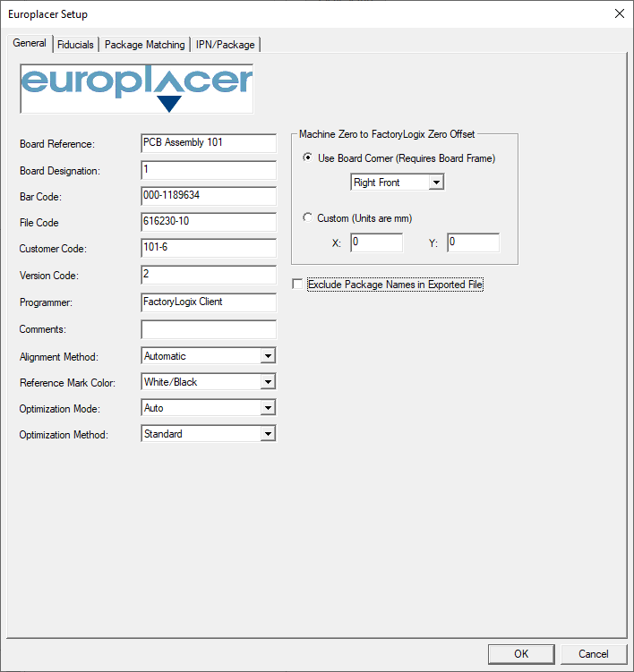 Europlacer Setup dialog - General tab