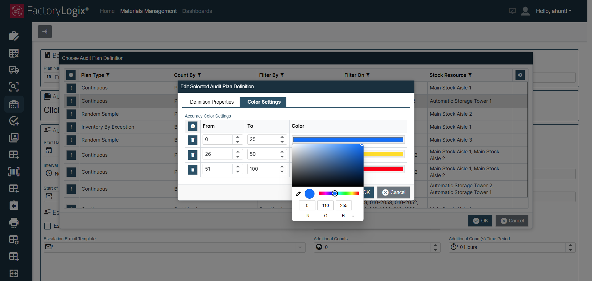 Change the color setting for a percentage