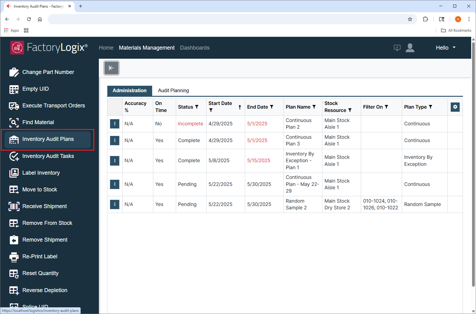 Select Inventory Audit Plans command.