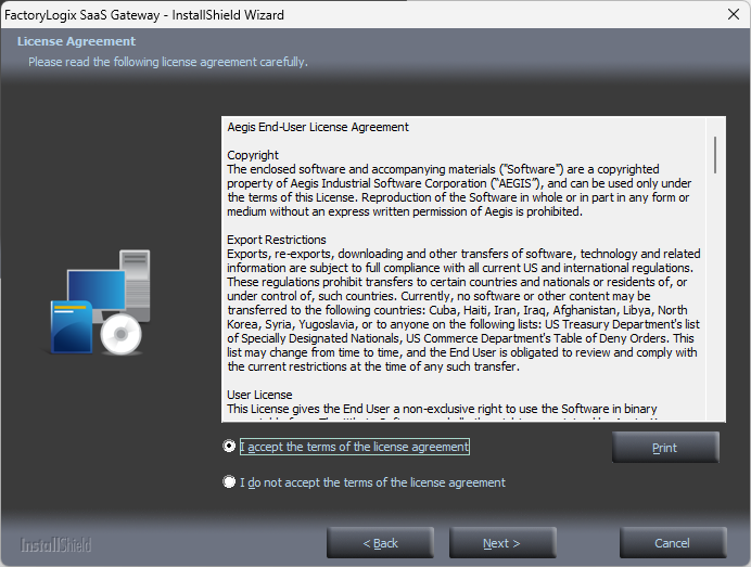 SaaS Gateway Installer - License Agreement page
