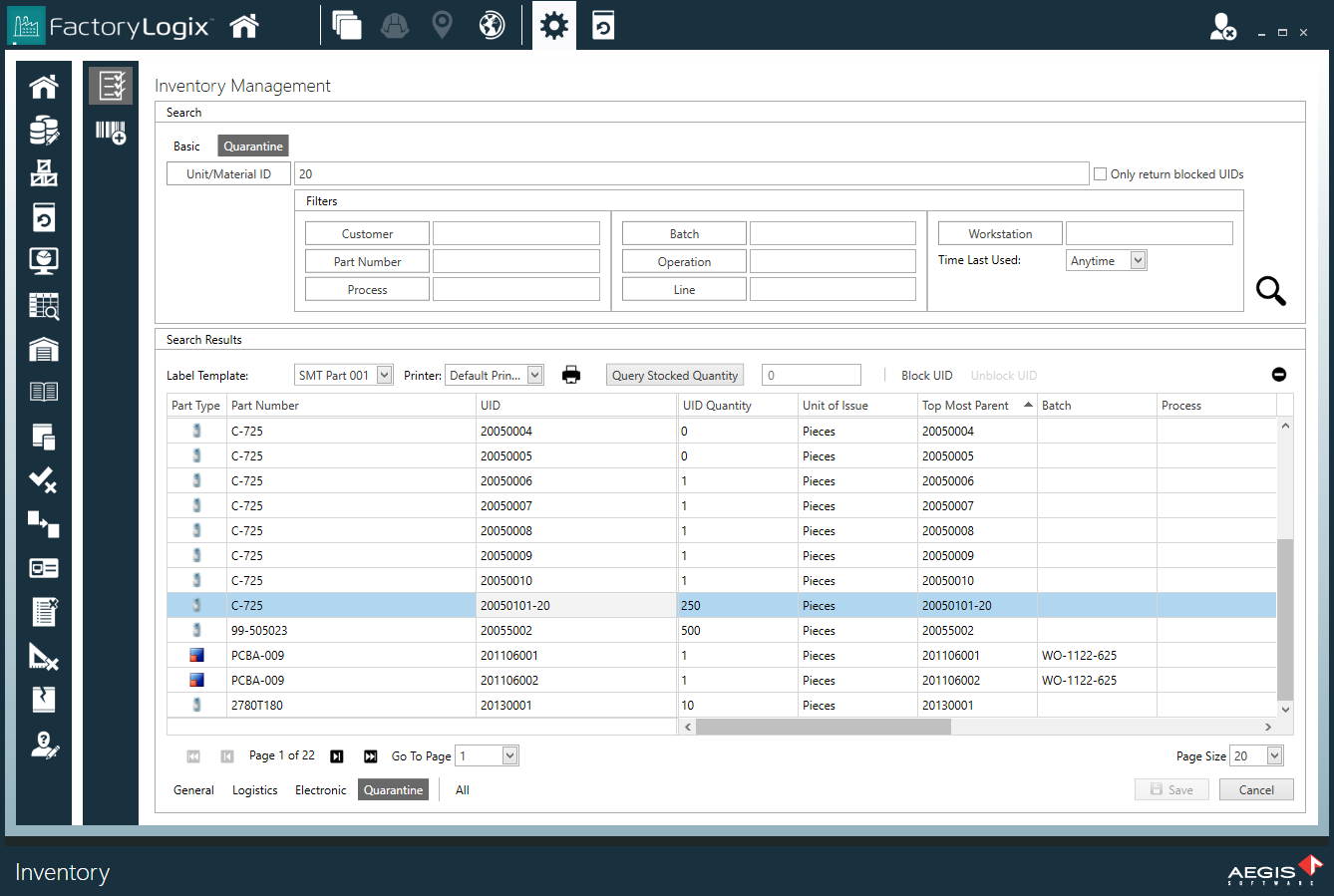 Inventory Management window with Search filtering opptions