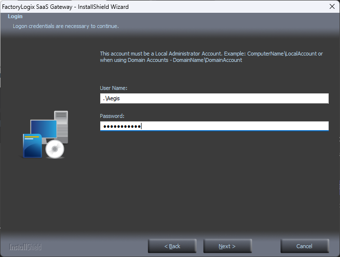 SaaS Gateway Installer - Login credentails page
