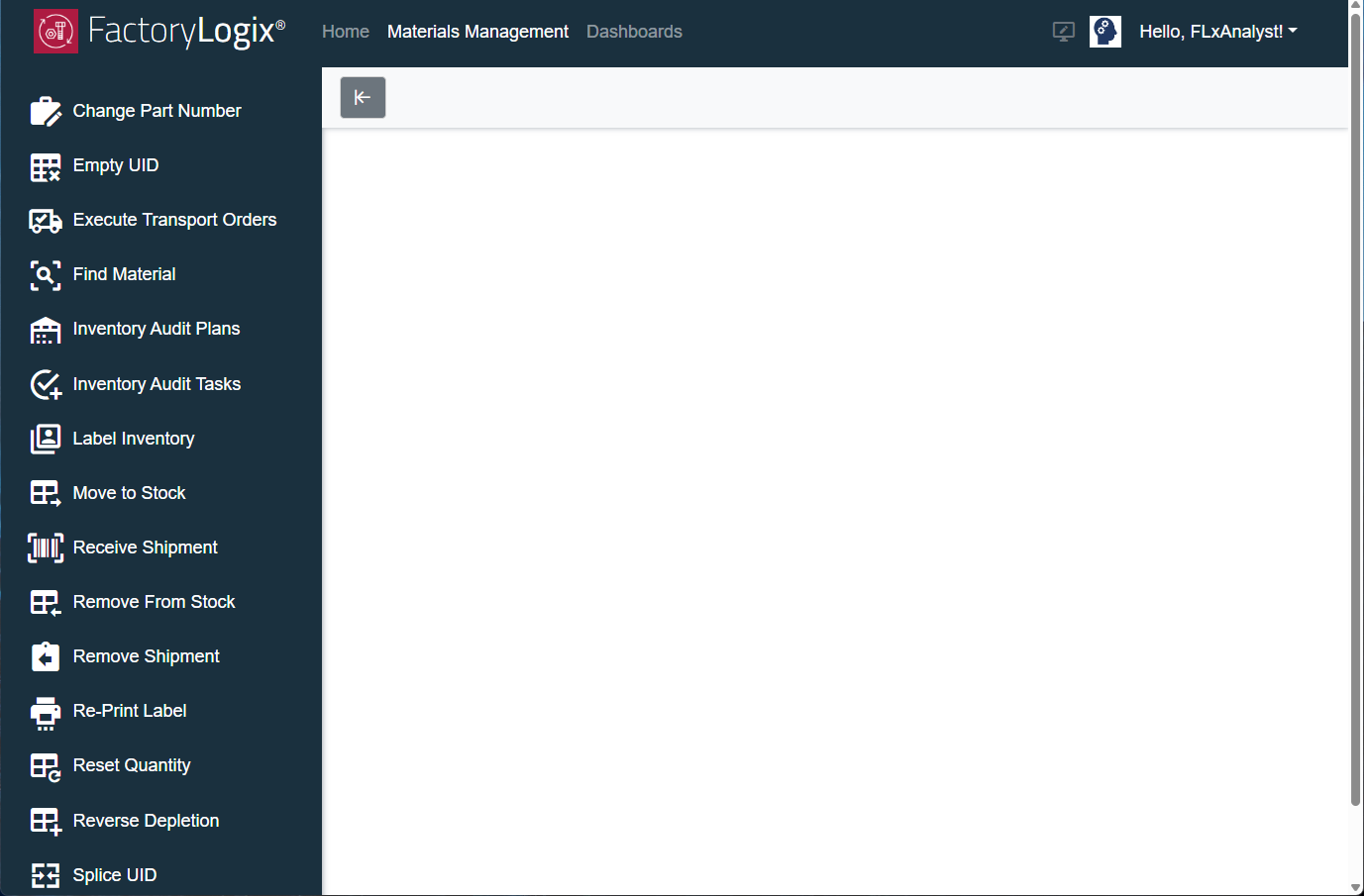 Materials Management main window