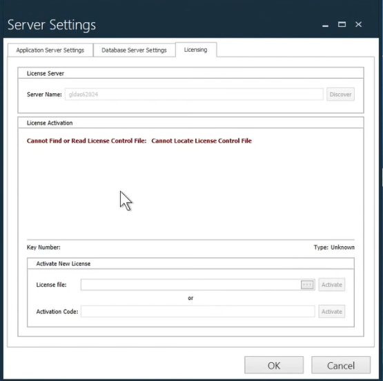 Server Settings dialog license error