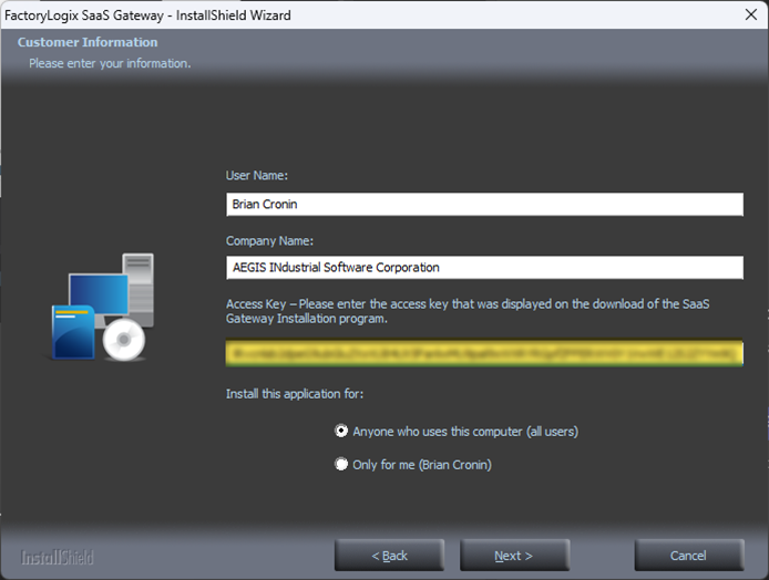 SaaS Gateway Installer - Customer Information page