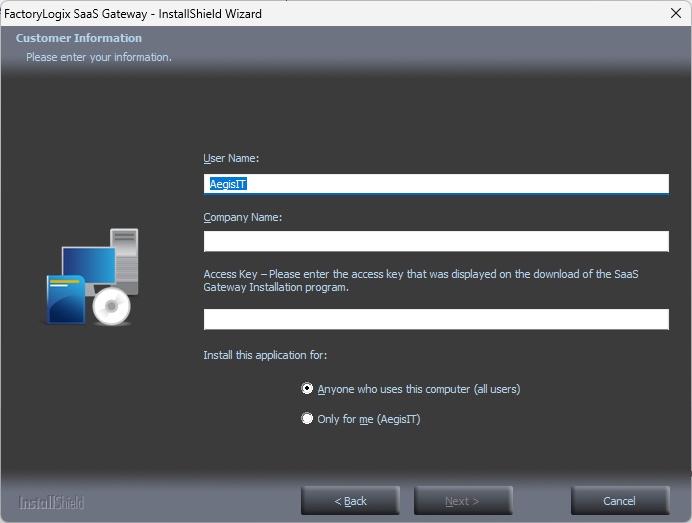 SaaS SaaS Gateway Installer - Customer Information page
